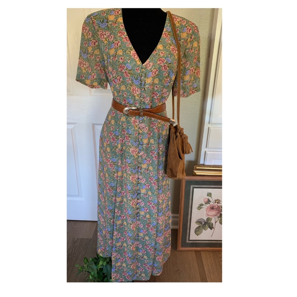 Vintage 90s sage green floral maxi dress